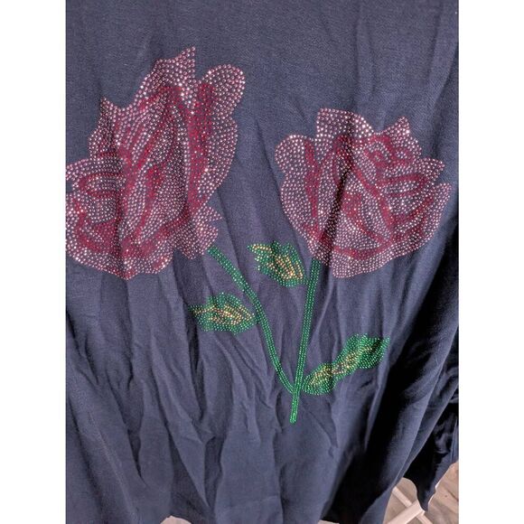 NWT Joei & i ROSE RHINESTONE LONG SLEEVE T-SHIRT Navy Blue Cotton Size 2X - Picture 4 of 6